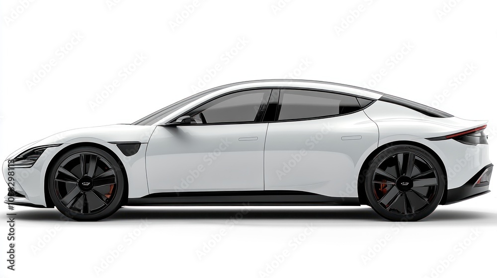 Sleek white electric car showcased from the side. Sleek white electric car showcased from the side.