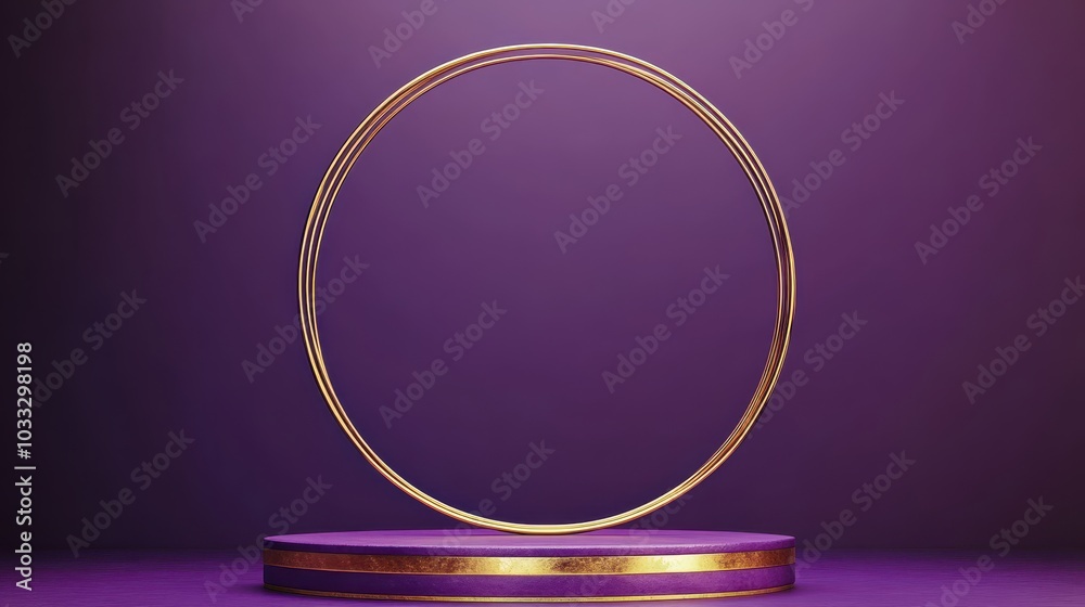 Obraz premium Artistic purple podium with gold geometric shapes, suspended in a dark void, luxury minimalist concept for premium product displays