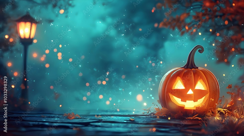 Cute Halloween Pumpkin with Mystical Background Cute Halloween Pumpkin with Mystical Background