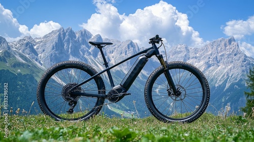 A black electric mountain bike on a grassy hill with a mountain range in the background.