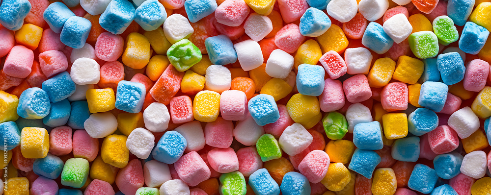 A vibrant close-up view of mini marshmallows in a variety of pastel colors, creating a playful and colorful texture. A vibrant close-up view of mini marshmallows in a variety of pastel colors, creating a playful and colorful texture.