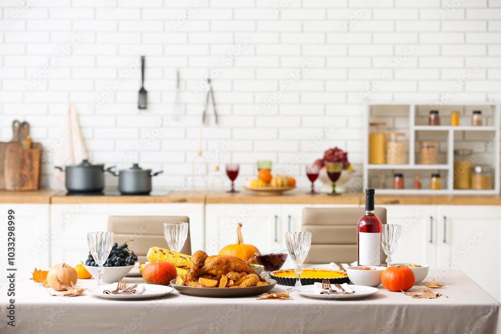 Festive table setting with tasty food for Thanksgiving Day in kitchen Festive table setting with tasty food for Thanksgiving Day in kitchen