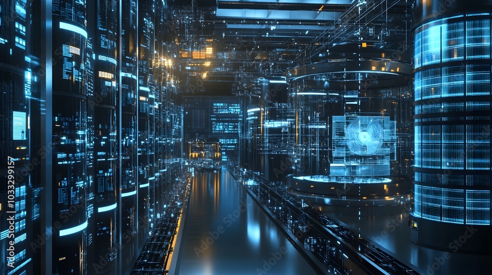 Futuristic Server Room with Blue Glowing Data Displays Futuristic Server Room with Blue Glowing Data Displays