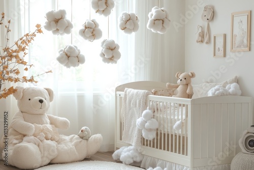 Stylish scandinavian newborn baby room with toys, plush animal, photo camera and child accessories. Cozy decoration and hanging cotton balls on the white wall. Copy, Generative AI