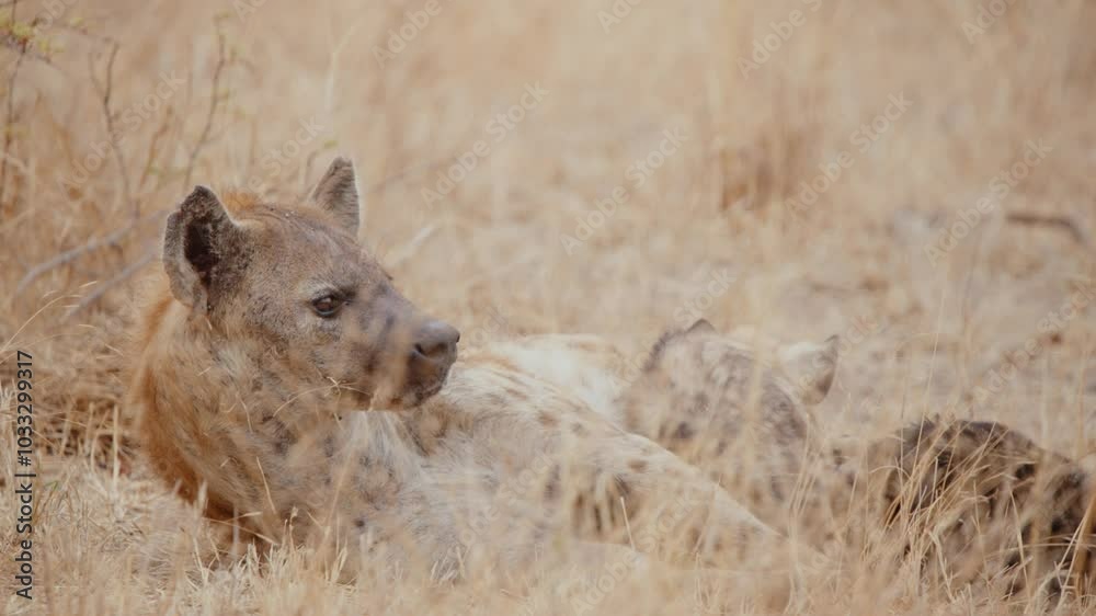 Spotted hyena yawning at dawn, slow motion, Kruger National Park, South Africa Spotted hyena yawning at dawn, slow motion, Kruger National Park, South Africa
