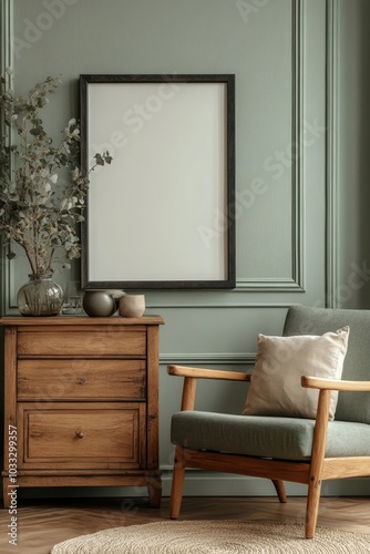 Elegant living room interior design with mockup poster frame, modern frotte armchair, wooden commode and stylish accessories. Eucalyptus wall. Template. Copy, Generative AI
