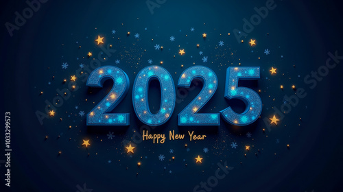 Christmas greeting card with the word "2025"' featuring a vibrant New Year design with sparkling numbers and decorations against a dark blue background.