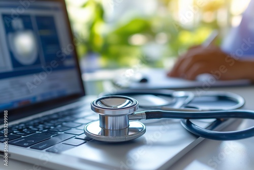 Stethoscope resting on a laptop keyboard symbolizing healthcare technology and online consultations