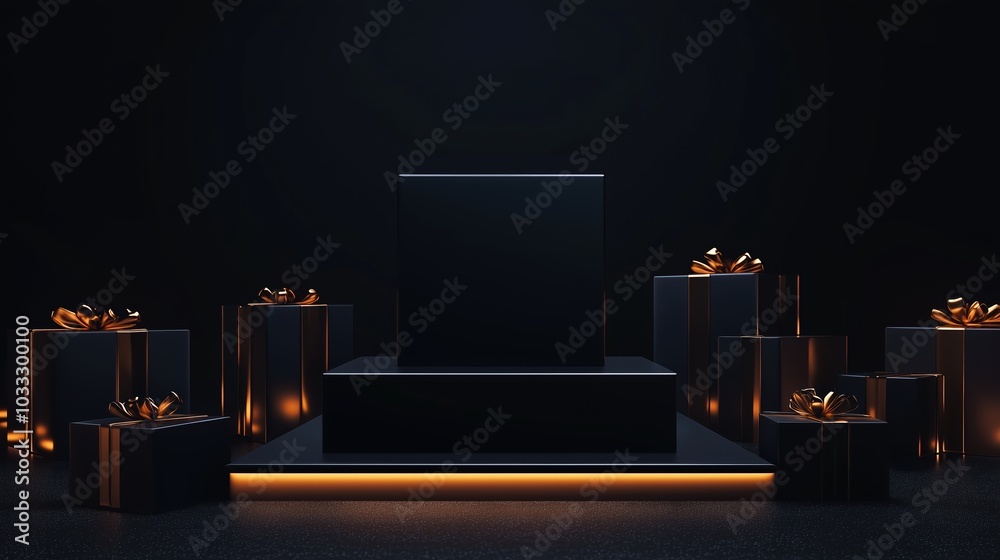 A stunning black display featuring a central pedestal surrounded by elegant gift boxes, perfect for capturing attention during festive shopping season. A stunning black display featuring a central pedestal surrounded by elegant gift boxes, perfect for capturing attention during festive shopping season.