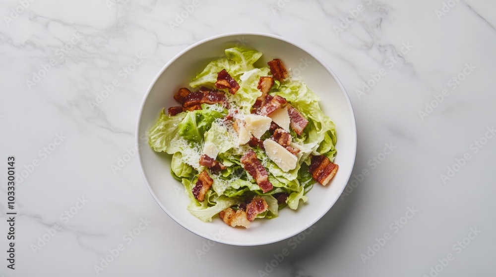 A bowl of Caesar salad with lettuce, bacon, parmesan cheese and creamy dressing on a marble background. A bowl of Caesar salad with lettuce, bacon, parmesan cheese and creamy dressing on a marble background.