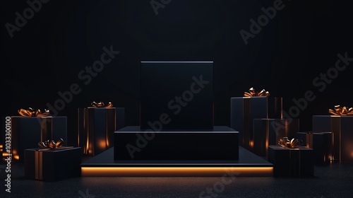 A stunning black display featuring a central pedestal surrounded by elegant gift boxes, perfect for capturing attention during festive shopping season.