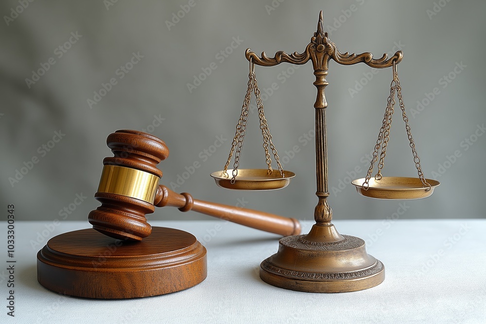 Wooden gavel and brass scales of justice symbolizing law and fairness on a table Wooden gavel and brass scales of justice symbolizing law and fairness on a table