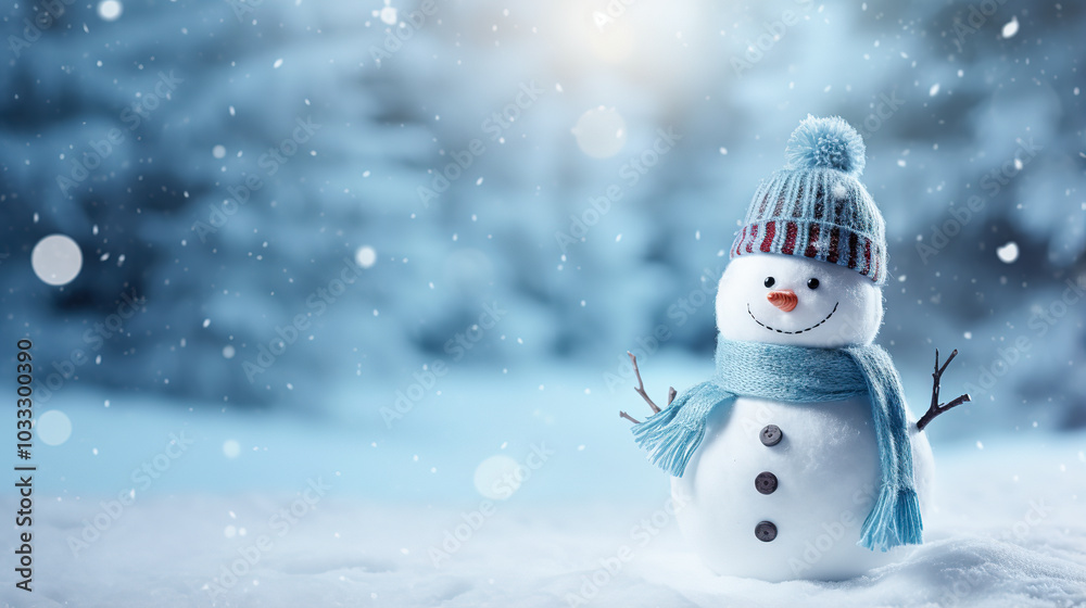 Fototapeta premium Happy snowman standing in Christmas landscape with copy space. Generative Ai.