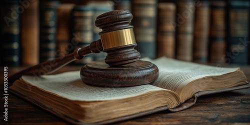 Stack of legal books with an open law book and gavel representing justice, law, and legal practice photo