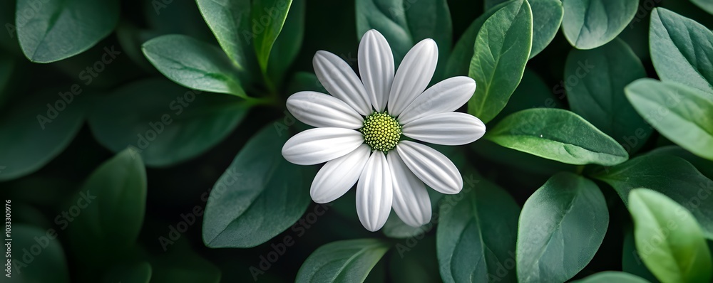 A vibrant white daisy surrounded by soft green foliage, showcasing its simple beauty A vibrant white daisy surrounded by soft green foliage, showcasing its simple beauty