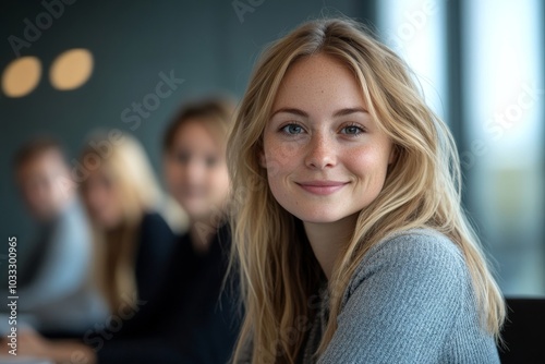 Female professional sitting in a boardroom with her team in the background, Generative AI