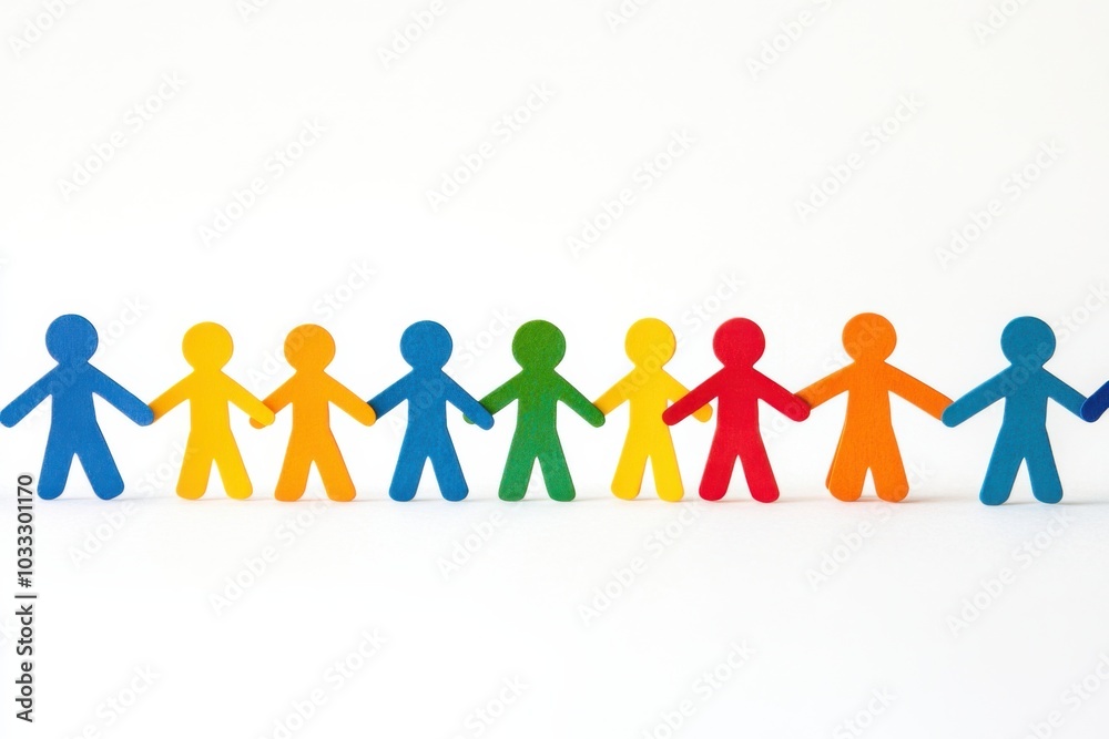 A line of paper figures holding hands, each figure a different bright color, symbolizing diversity and unity A line of paper figures holding hands, each figure a different bright color, symbolizing diversity and unity