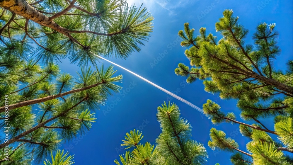 Pine tree stands out in blue sky seen from below airplane trail Pine tree stands out in blue sky seen from below airplane trail