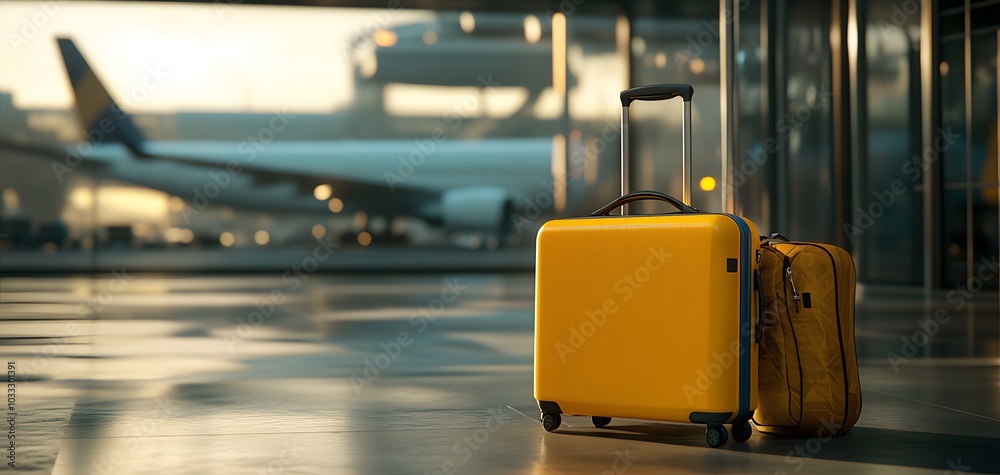 Yellow suitcase and travel bag in an airport terminal with an airplane in the background. Travel concept Yellow suitcase and travel bag in an airport terminal with an airplane in the background. Travel concept