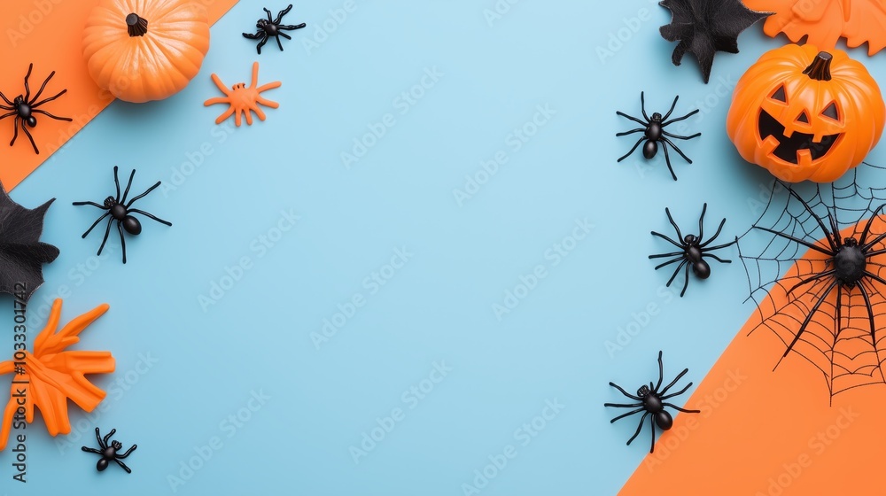 Halloween Party Invitation Background: Festive Halloween Decorations on a Blue and Orange Background Halloween Party Invitation Background: Festive Halloween Decorations on a Blue and Orange Background