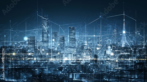 Wallpaper Mural A modern urban skyline illuminated at night featuring intricate digital network connections, symbolizing advanced technology and connectivity in a cityscape. Torontodigital.ca