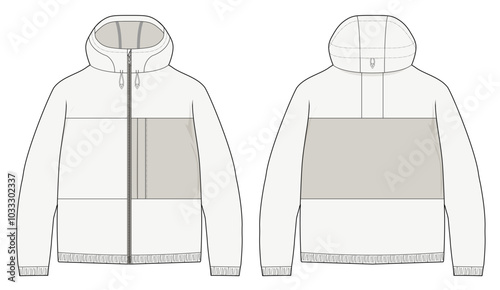 Hooded hard shell jacket technical CAD fashion illustration front and back views Template for Outerwear Design and Sportswear Tech Packs	