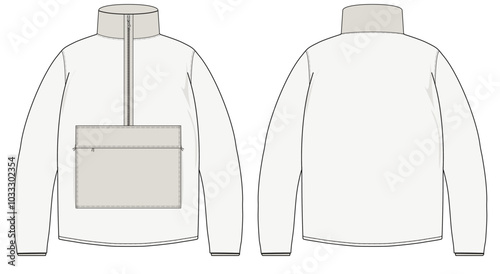 Half-Zip Pullover Polar Fleece Jacket design vector flat sketch fashion illustration CAD template front and back views with a large front pocket
