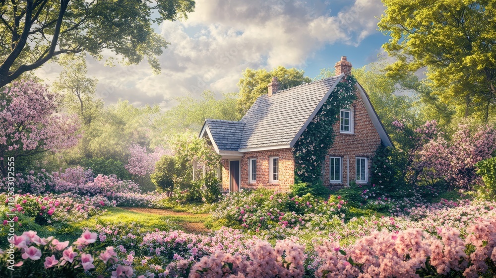 Brick house surrounded by blooming flowers. Brick house surrounded by blooming flowers.