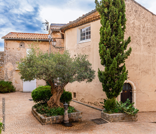 Street and facades in the village of Castellet, in the Var near Toulon, Var, Provence, France. photo