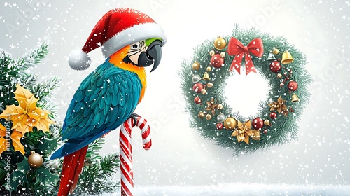 Christmas Parrot with Candy Cane and Wreath photo