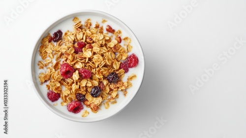 A bowl of granola with milk and raspberries on a white background.