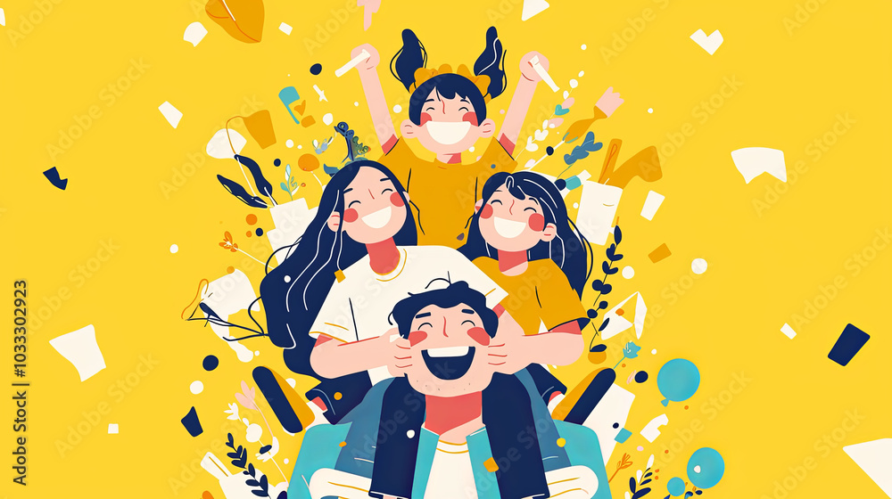 Naklejka premium A lively animated illustration of a joyful family celebrating together, surrounded by colorful confetti, showcasing happiness, unity, and playful spirit.