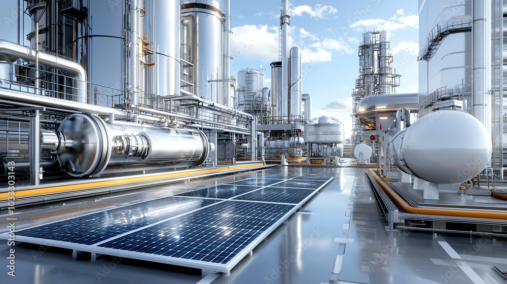Modern industrial facility with solar panels, showcasing advanced technology and efficient energy solutions. Modern industrial facility with solar panels, showcasing advanced technology and efficient energy solutions.