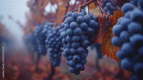 A close-up image capturing ripe, dewy grapes hanging from vines, set against a misty vineyard backdrop, showcasing agricultural abundance and harvest. photo