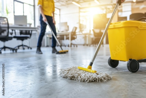 Dedicated janitor cleaning the office floor with a mop and trolley in action