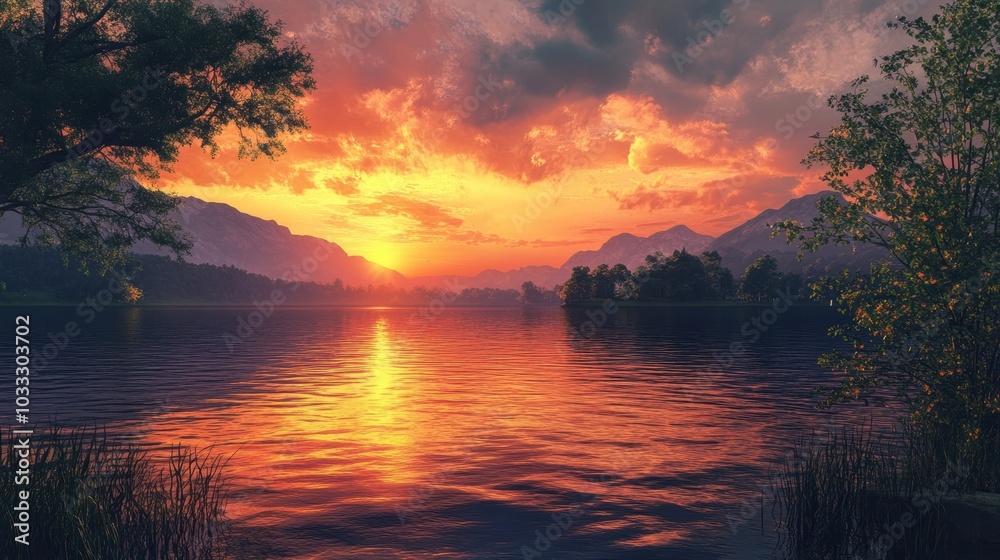 Mountain lake sunset with fiery sky. Mountain lake sunset with fiery sky.