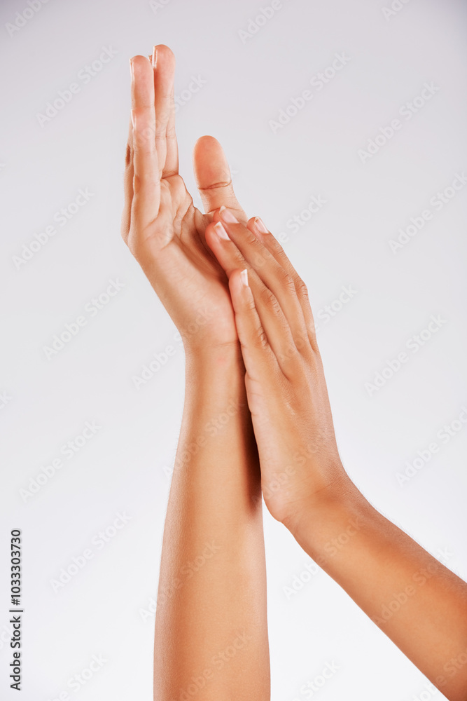 Studio, hands and person with manicure for skincare, cosmetics or wellness with smooth touch. Female model, results or benefits by white background for self care, clean nails or dermatology by mockup Studio, hands and person with manicure for skincare, cosmetics or wellness with smooth touch. Female model, results or benefits by white background for self care, clean nails or dermatology by mockup