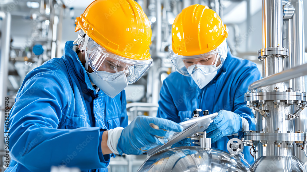 Two workers in safety gear inspect equipment in a modern industrial facility. Two workers in safety gear inspect equipment in a modern industrial facility.