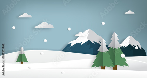 Snowy mountain winter landscape scenery paper cut style. 