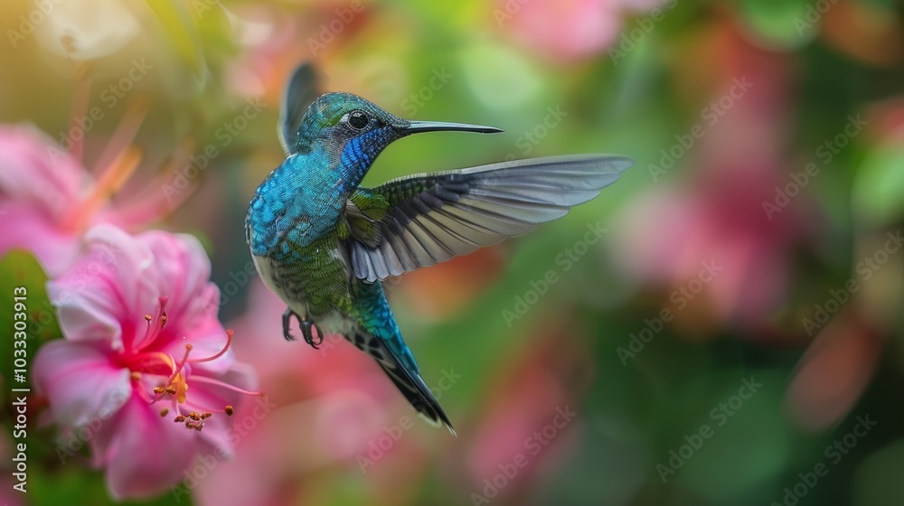 A vivid hummingbird hovers gracefully, surrounded by a lush and colorful backdrop of flowers, capturing a moment of natural beauty and elegance in action. A vivid hummingbird hovers gracefully, surrounded by a lush and colorful backdrop of flowers, capturing a moment of natural beauty and elegance in action.