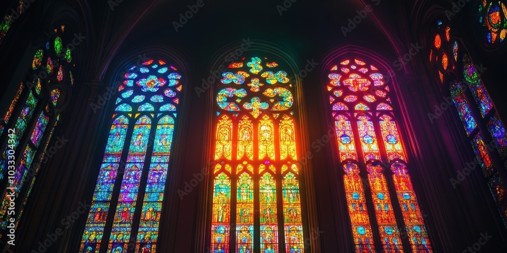 Colorful stained glass windows in a cathedral. Colorful stained glass windows in a cathedral.