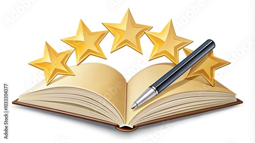 Book review clipart featuring stars and a pen rating a book from a tilted angle
