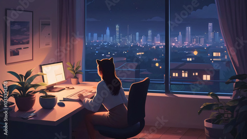 Tranquil Night Home Office Scene with Lofi Girl and Cat Cityscape View Cozy Workspace lofi