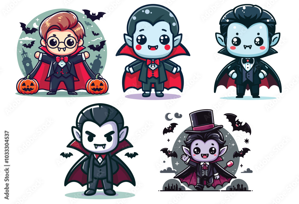 Obraz premium Cute cartoon vampires with happy expressions in Halloween costumes for festive decoration