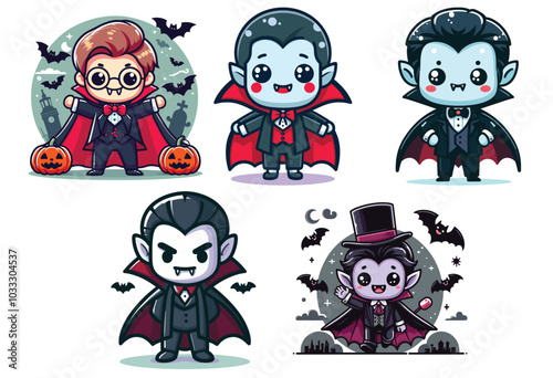 Cute cartoon vampires with happy expressions in Halloween costumes for festive decoration