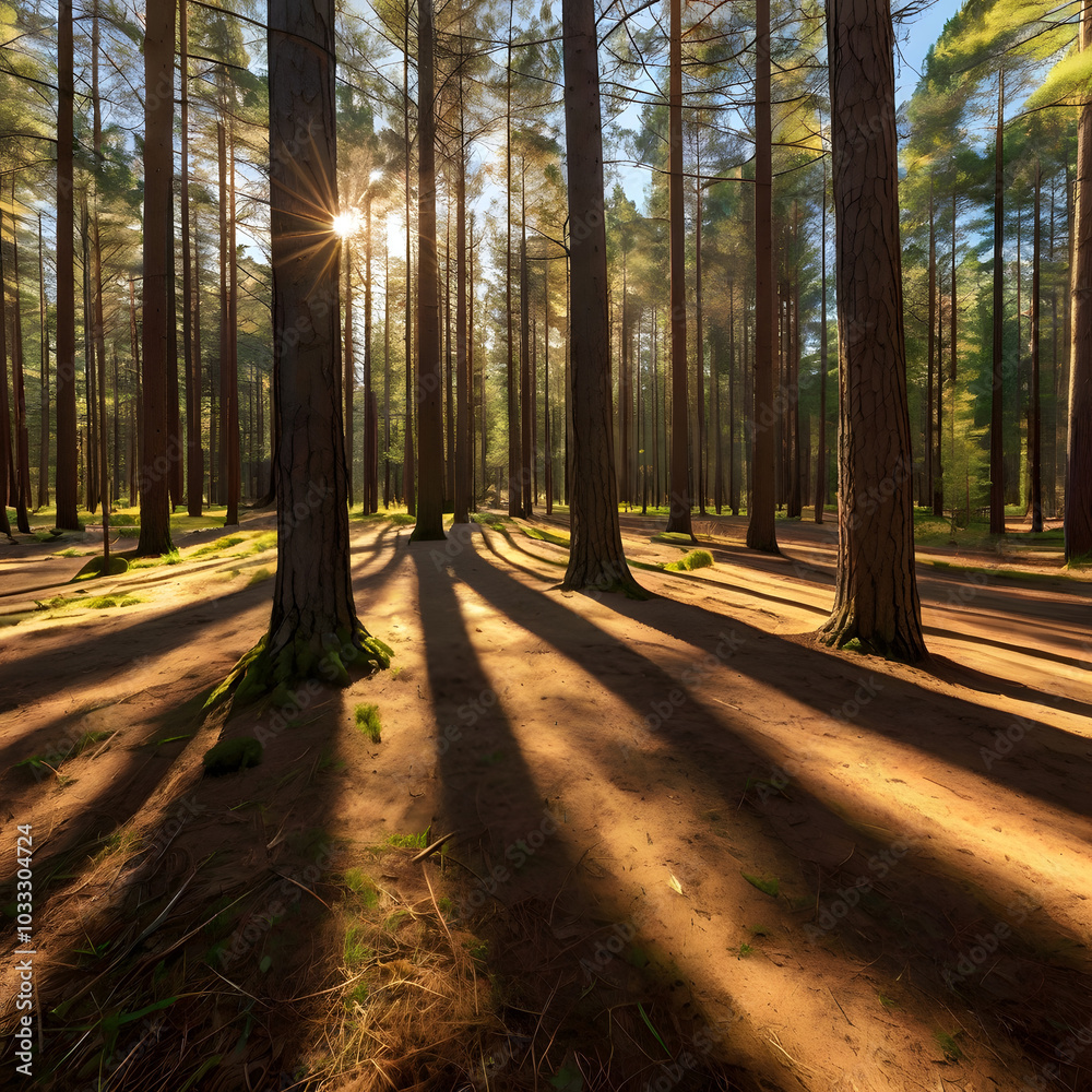 Obraz premium Golden Sunlight Filtering Through Pine Trees