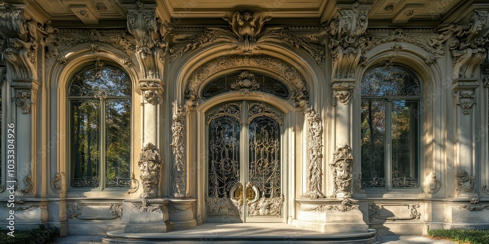 Ornate stone building with arched windows and door. Ornate stone building with arched windows and door.