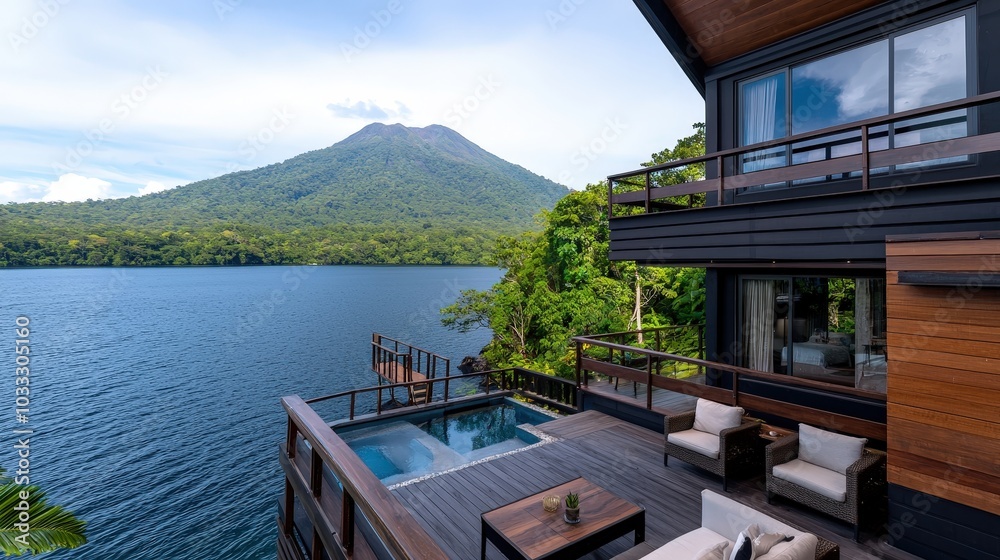 Naklejka premium Modern Lakefront Home With Mountain View And Infinity Pool