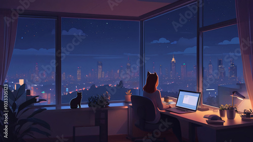Tranquil Night Home Office Scene with Lofi Girl and Cat Cityscape View Cozy Workspace lofi