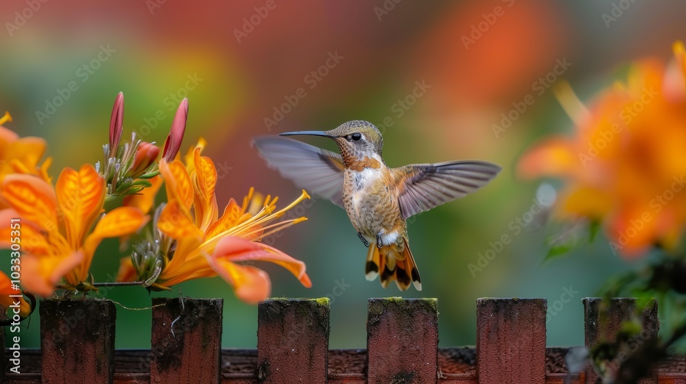 Naklejka premium A delicate hummingbird hovers in a vibrant garden with orange flowers, showcasing its graceful wings against a colorful backdrop during a sunny day.